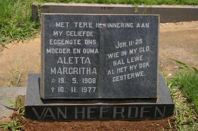 Aletta Magritha van Heerden (b. 19 May 1908, d. 16 Nov 1977).